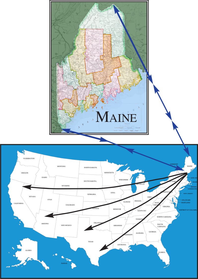 A map of Maine and of the USA, showing that Cross Jewelers can ship to anywhere in the Continental US easily.