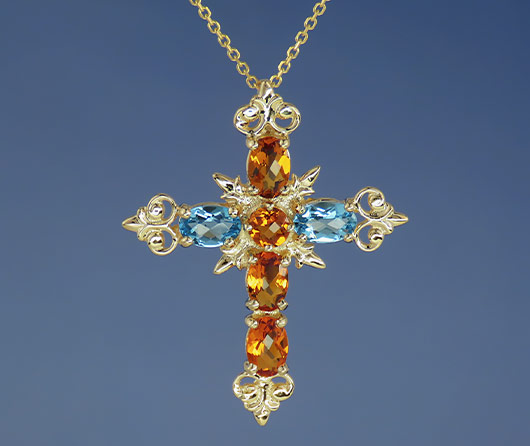 Lake Lucerne, Citrine & Blue Topaz Christian Cross Necklace