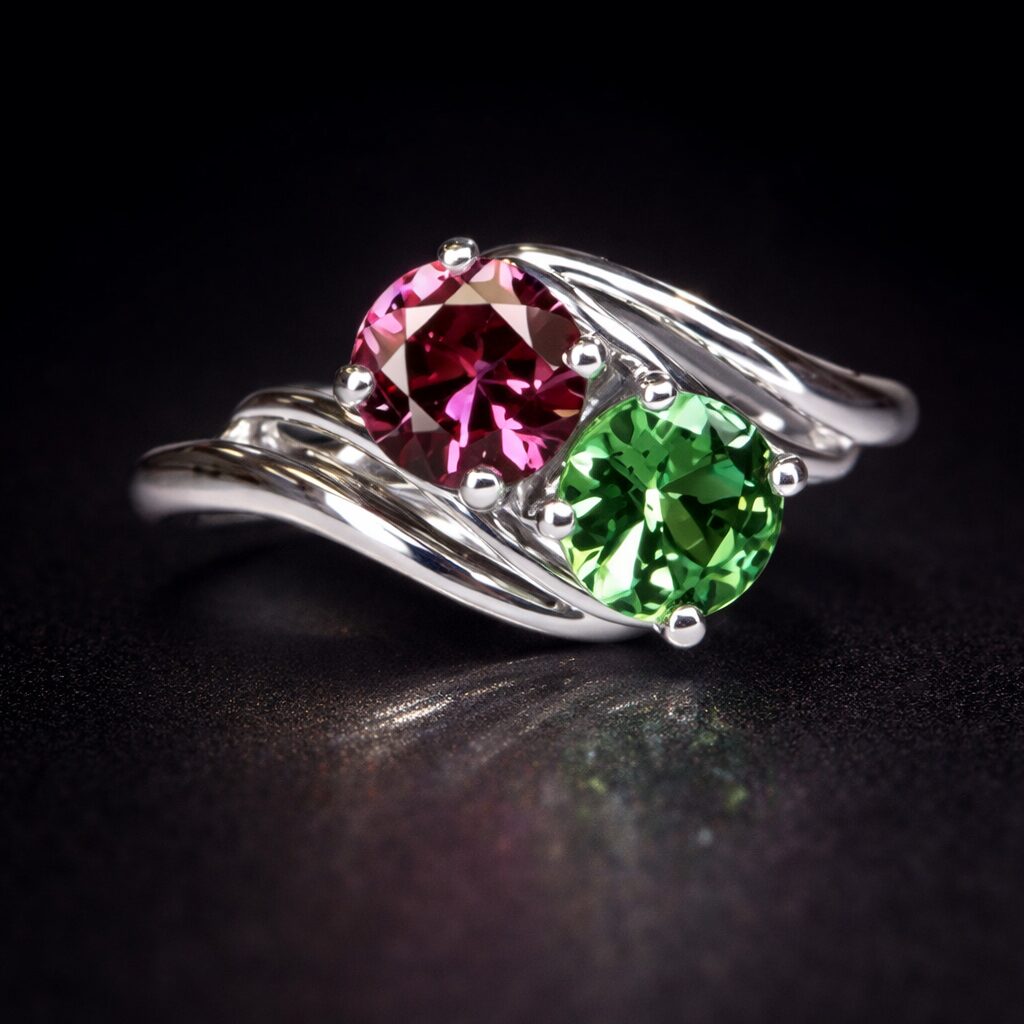 Diving Dolphins Port & Starboard Pink Rhodolite  & Green Tsavorite  Ring