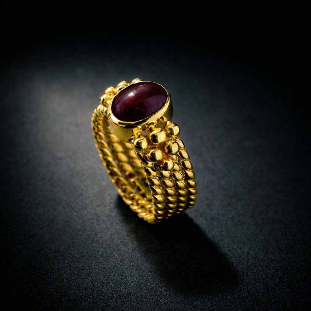 Deep Dark Mysterious Ruby Ring in an Etruscan-Like Design.